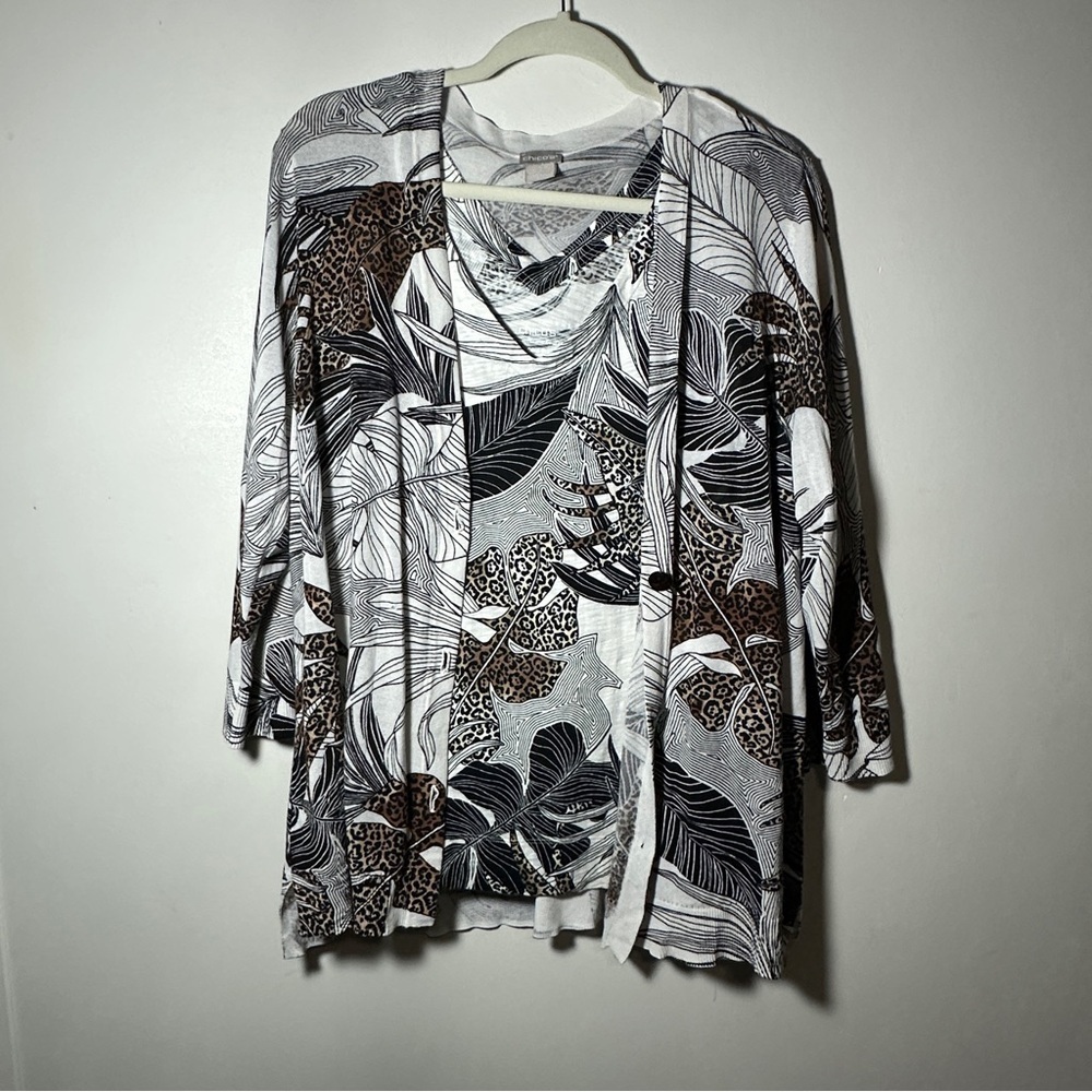 Chico's Cardigan and Tank Set White Brown Black Tropical Pattern (XL)